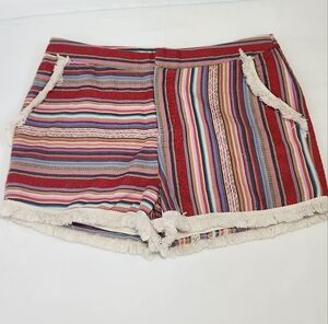 Colorful Bohemian Boho Shorts Cotton Red Multi Stripe Cream Fringe Summer Spring